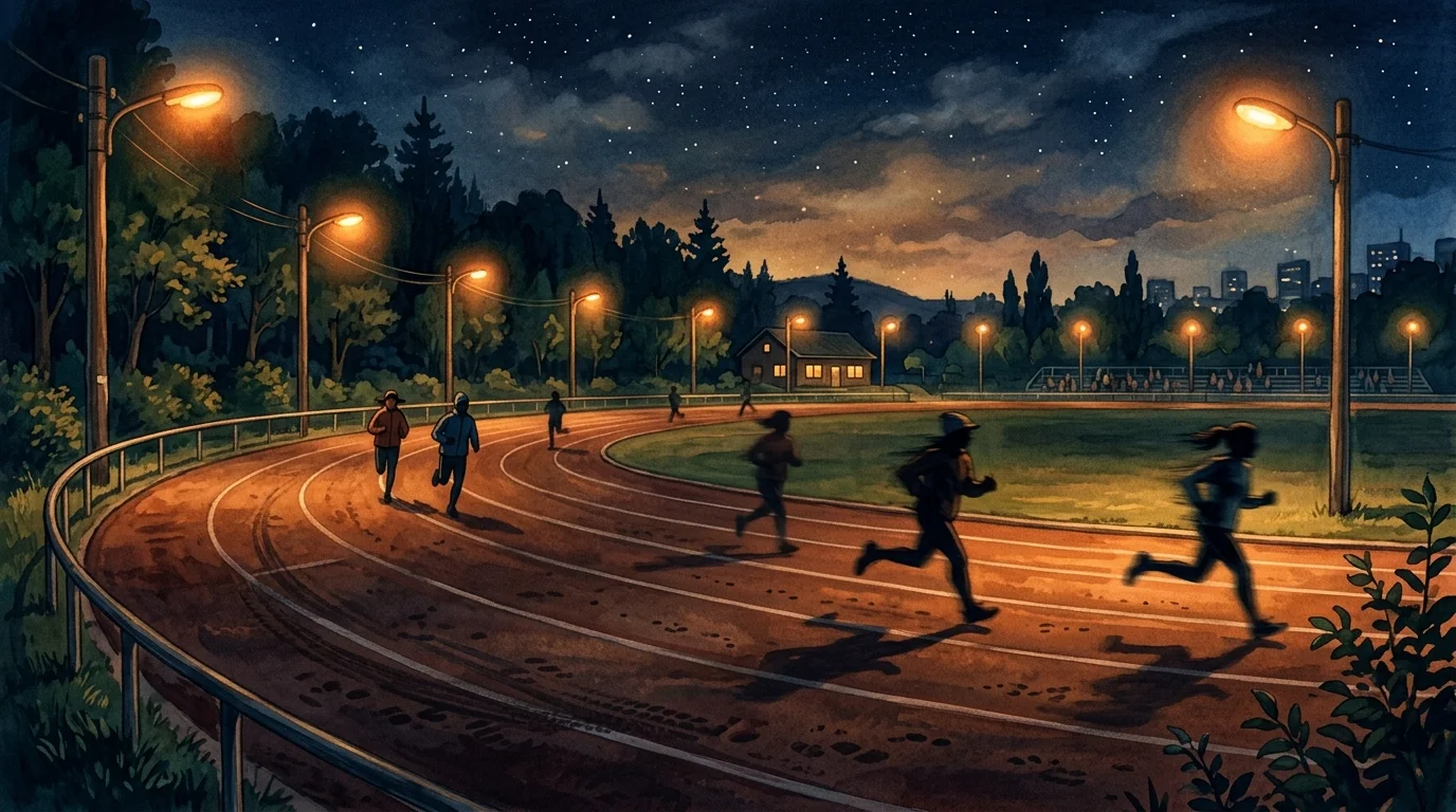 A floodlit athletics track at night in watercolor style.