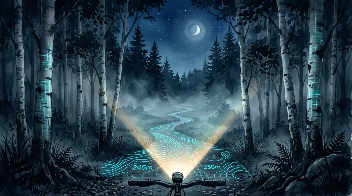 A night ride on a bicycle along a misty forest trail, headlight illuminating glowing cyan topographic contours on the ground.