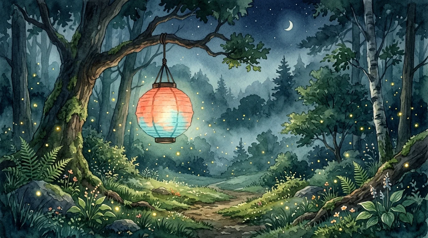 A glowing paper lantern hanging in a misty forest clearing.
