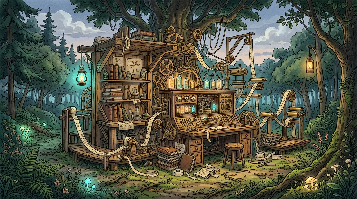 A whimsical analog machine in a forest clearing with glowing tubes.