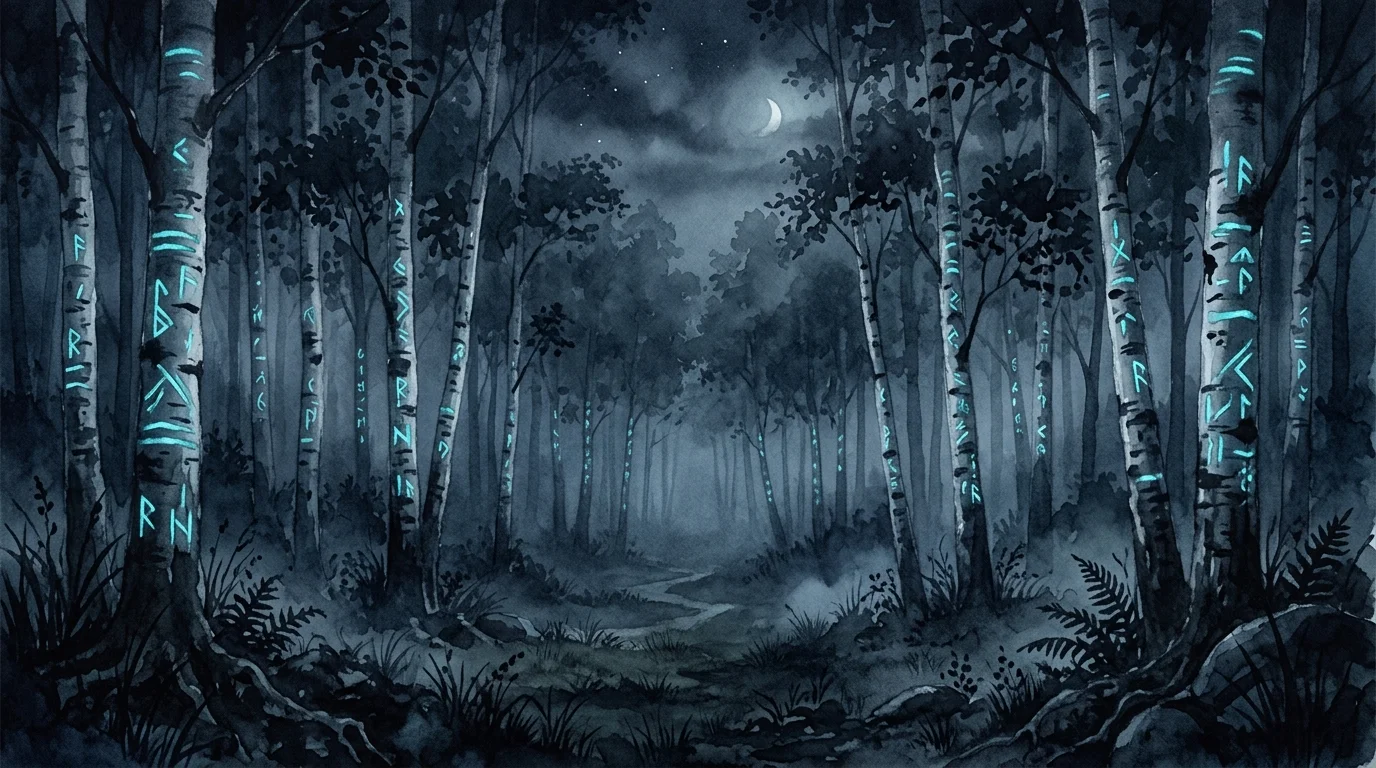 Birch trees at night with cyan data runes climbing the bark.
