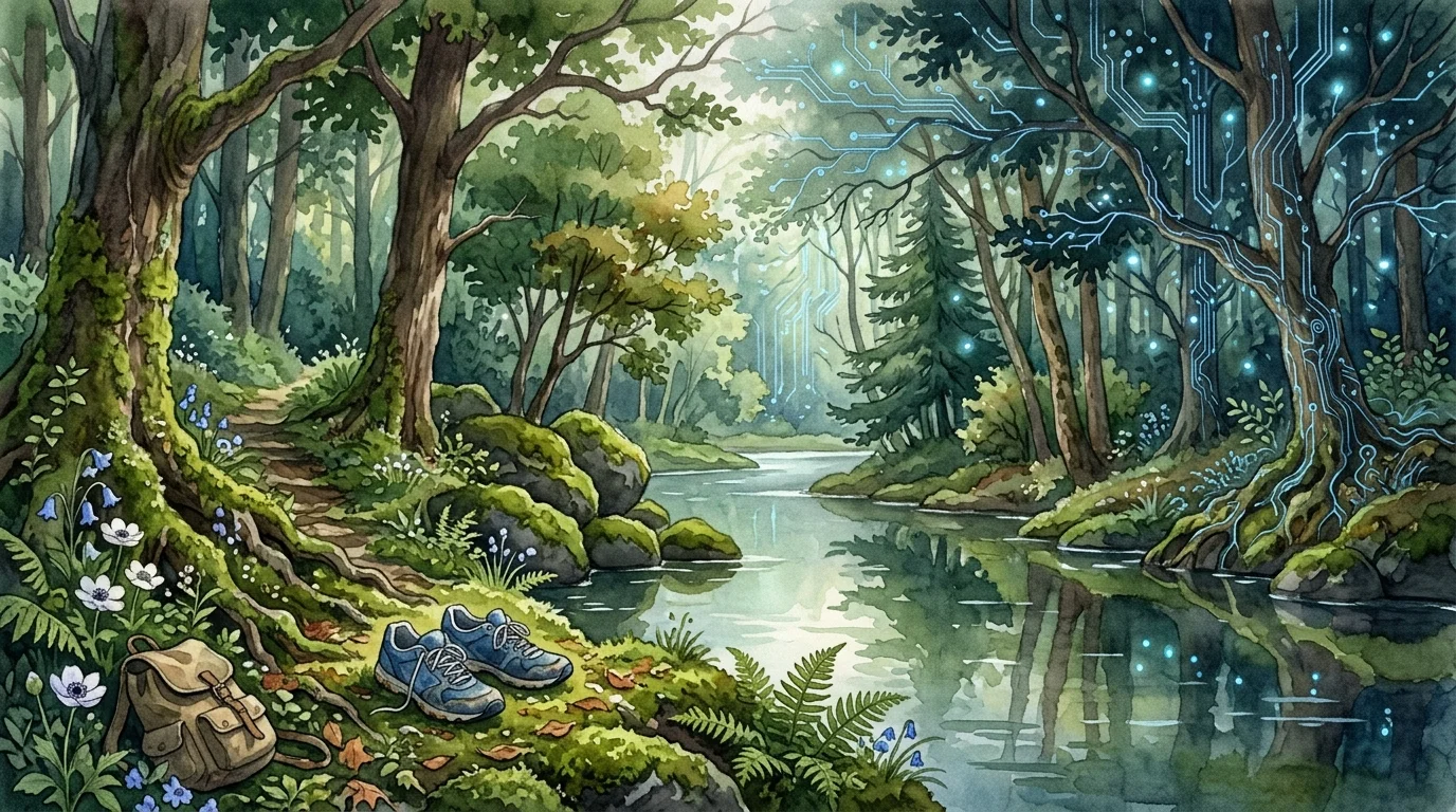 A river between two forests, one organic and one traced with faint circuits.